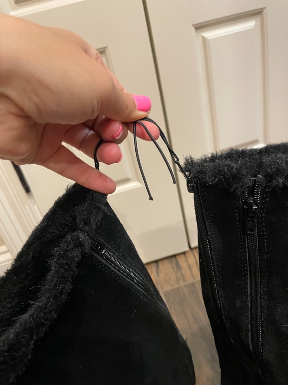 AEROSOLES Black Suede-Look Knee High Buckle Boots with Faux Fur Trim - Picture 2 of 6